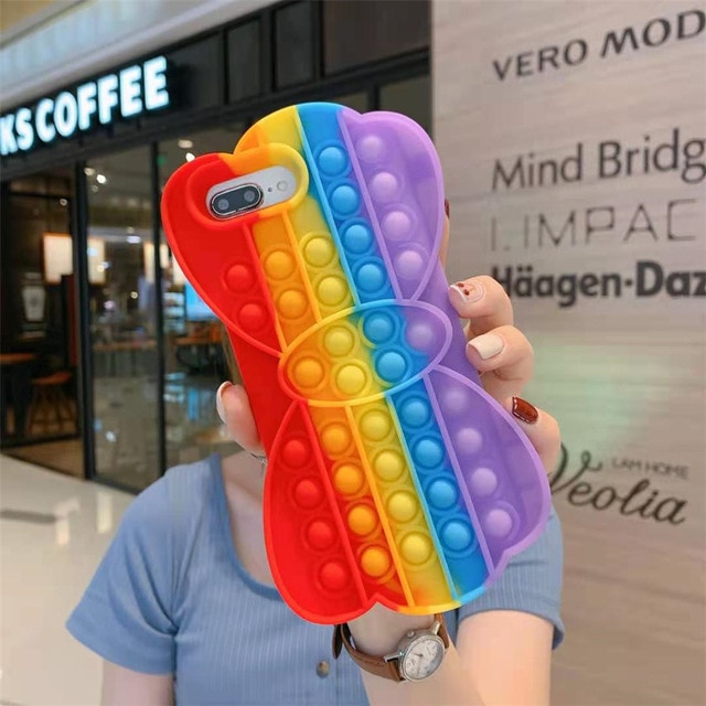 Pop It Sensory Fidget Toy for Anxiety and ADHD relief – Multi Color Butterfly Silicone Phone Case For iPhone - Image 4